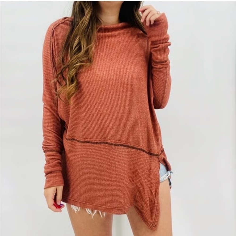 NWOT  Free People Londontown Rust Orange Long Sleeve Thermal‎ Top oversized